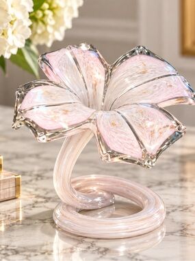 Murano Italian Art Glass Pink White Gold Fleck Flower Sculpture